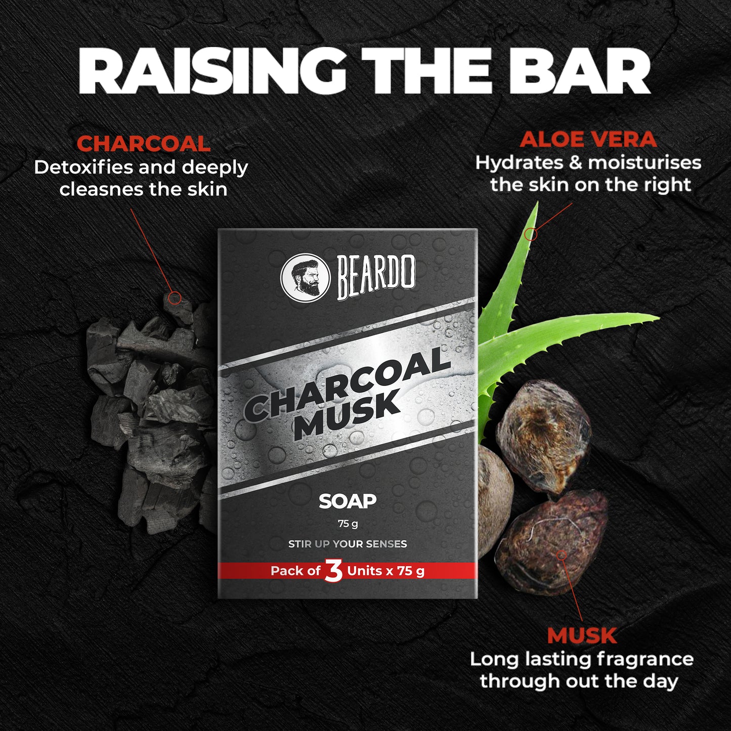 Beardo Charcoal Musk Soap Pack of 3 (3 N x 75g)