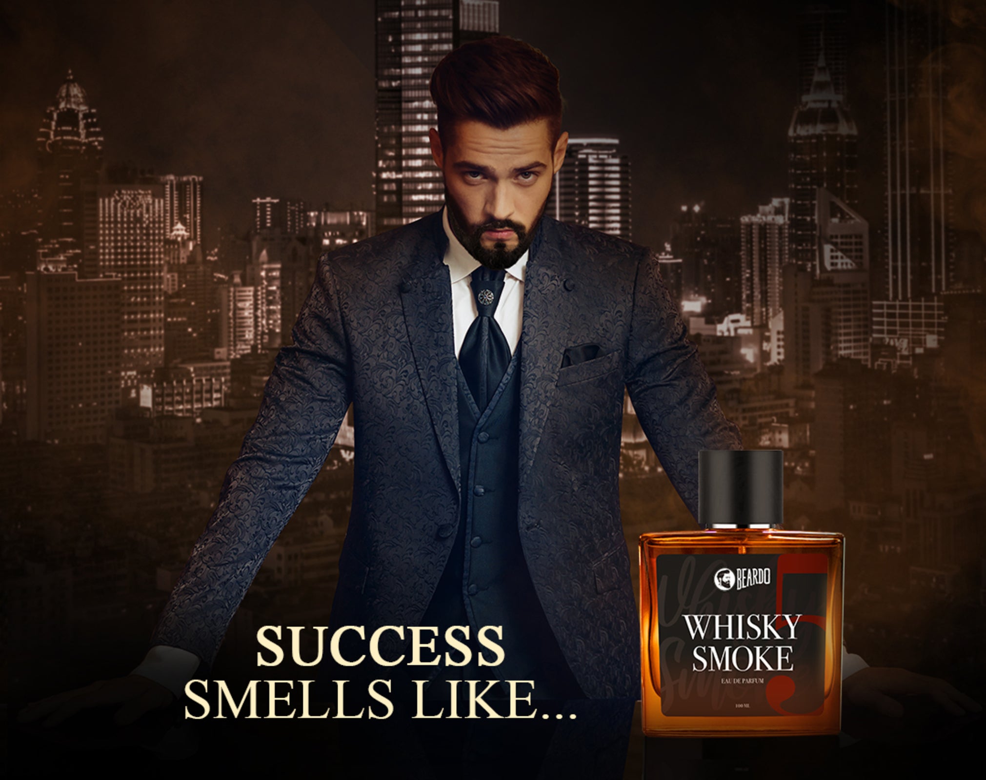 Bold and sophisticated perfume bottle with the essence of 'Success Smells Like Whiskey Smoke,' capturing confidence and refinement.