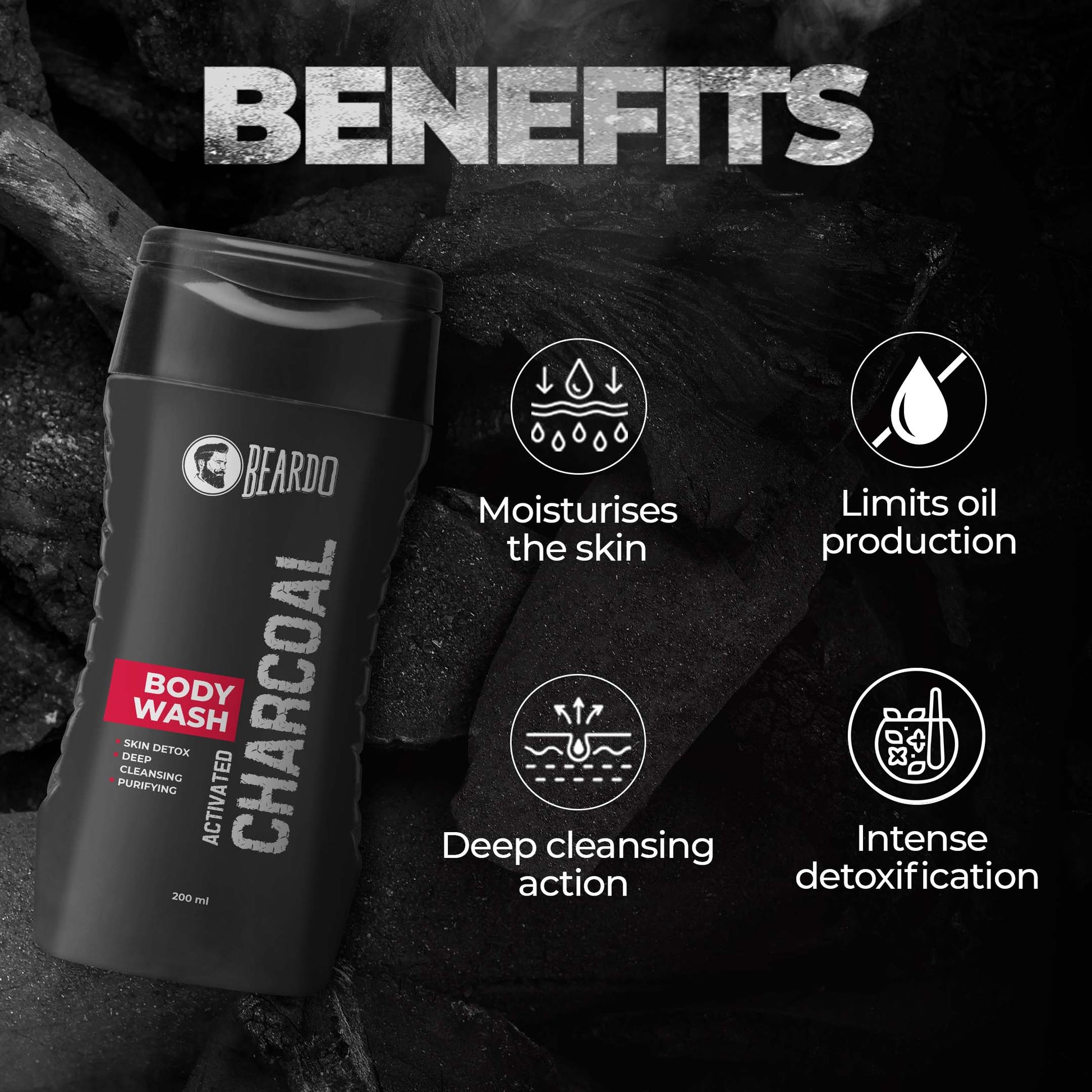 benefits of charcoal body wash, detox charcoal, moisturises the skin, deep cleansing, limit oil production