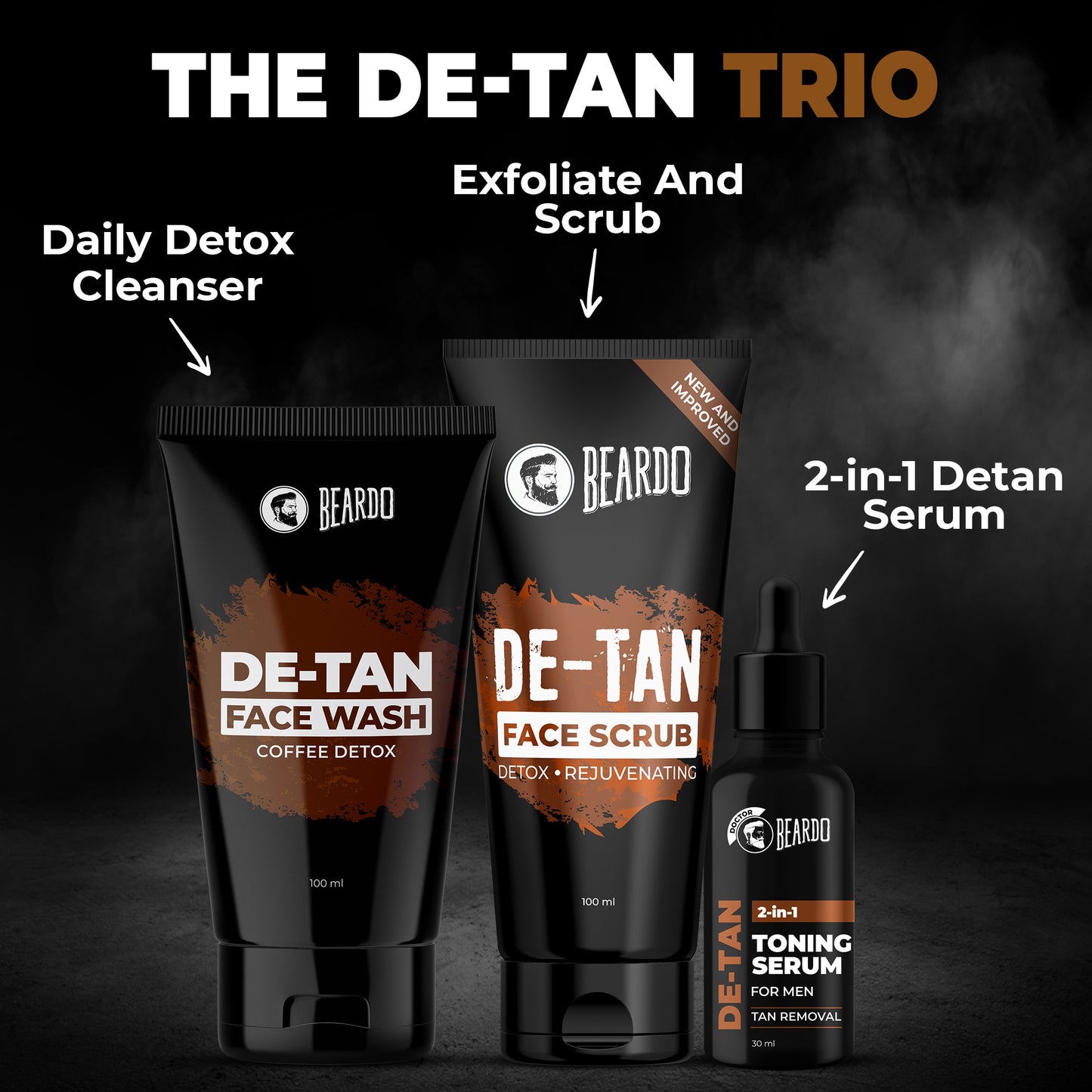 beardo de tan skin care trio, skin care combo for men, best skincare set for men, men s skincare set, best skincare set for men, detan kit for men, best face care kit for men, beardo face care kit