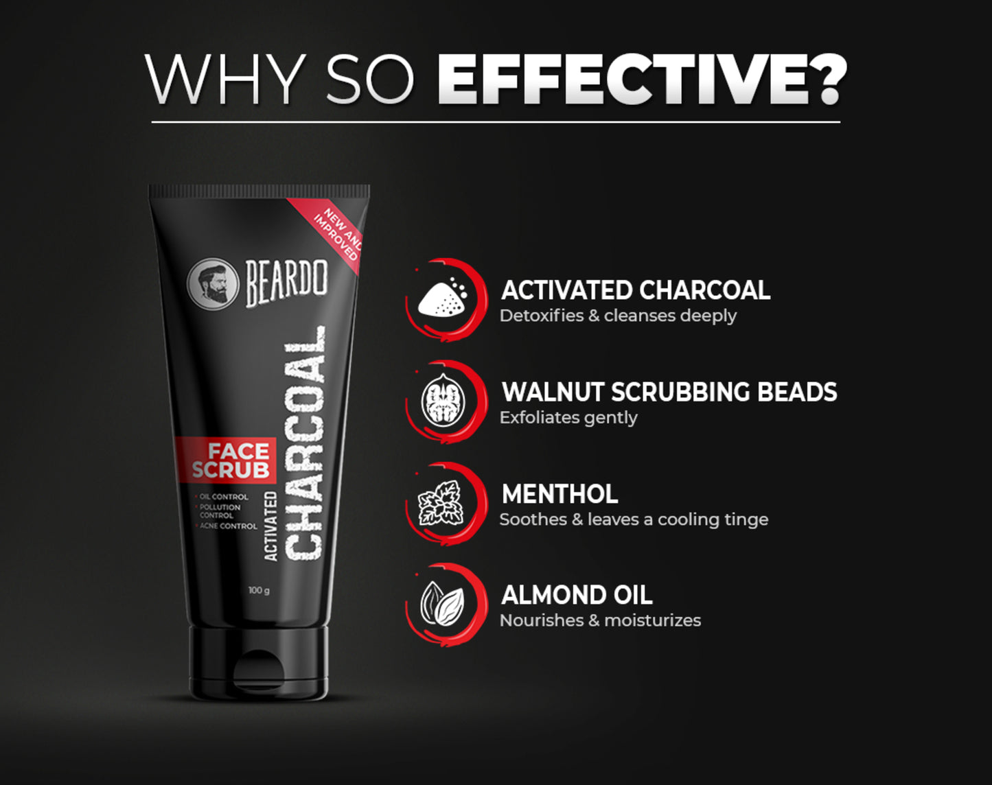 scrubbing beads, activated charcoal, menthol, almond oil