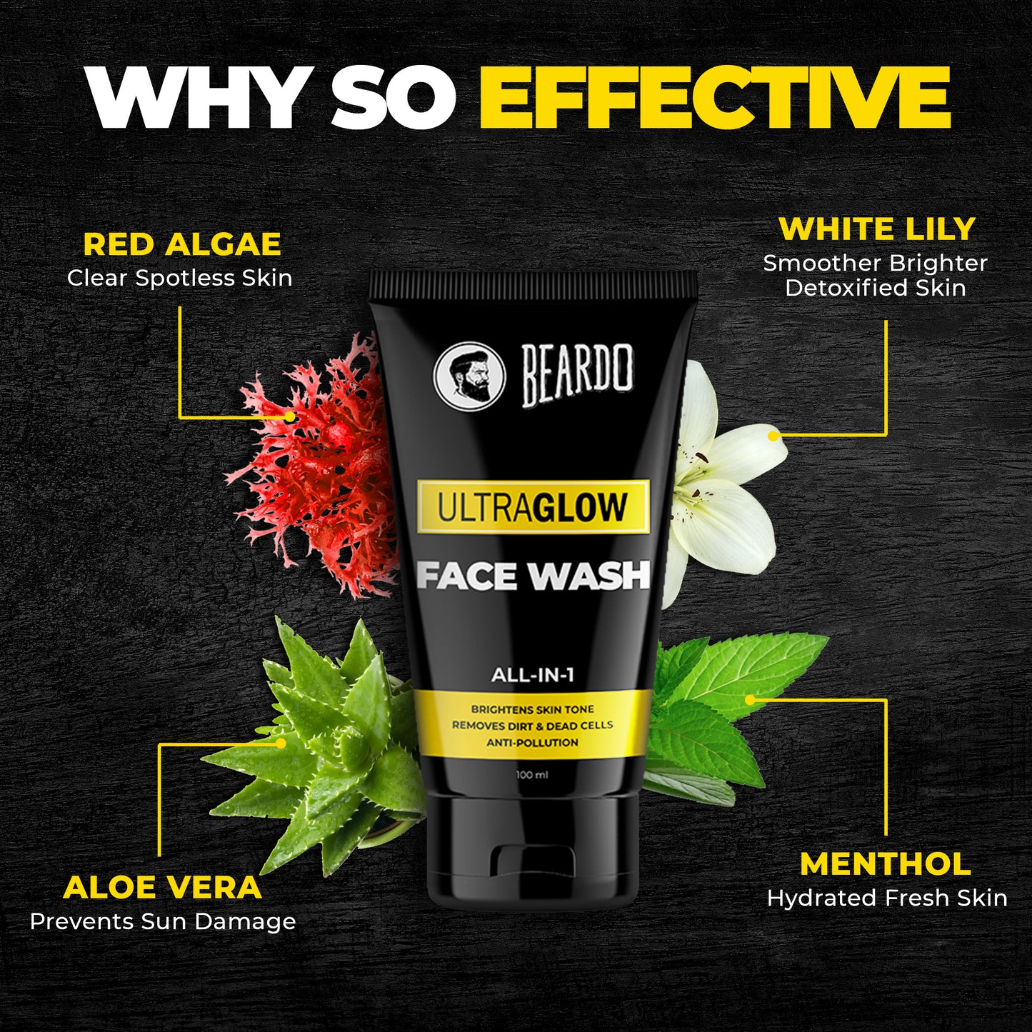 ingredients of beardo ultraglow facewash, aloe vera for skin, aloe vera for men skin, red algae for skin, menthol for skin, white lily benefits