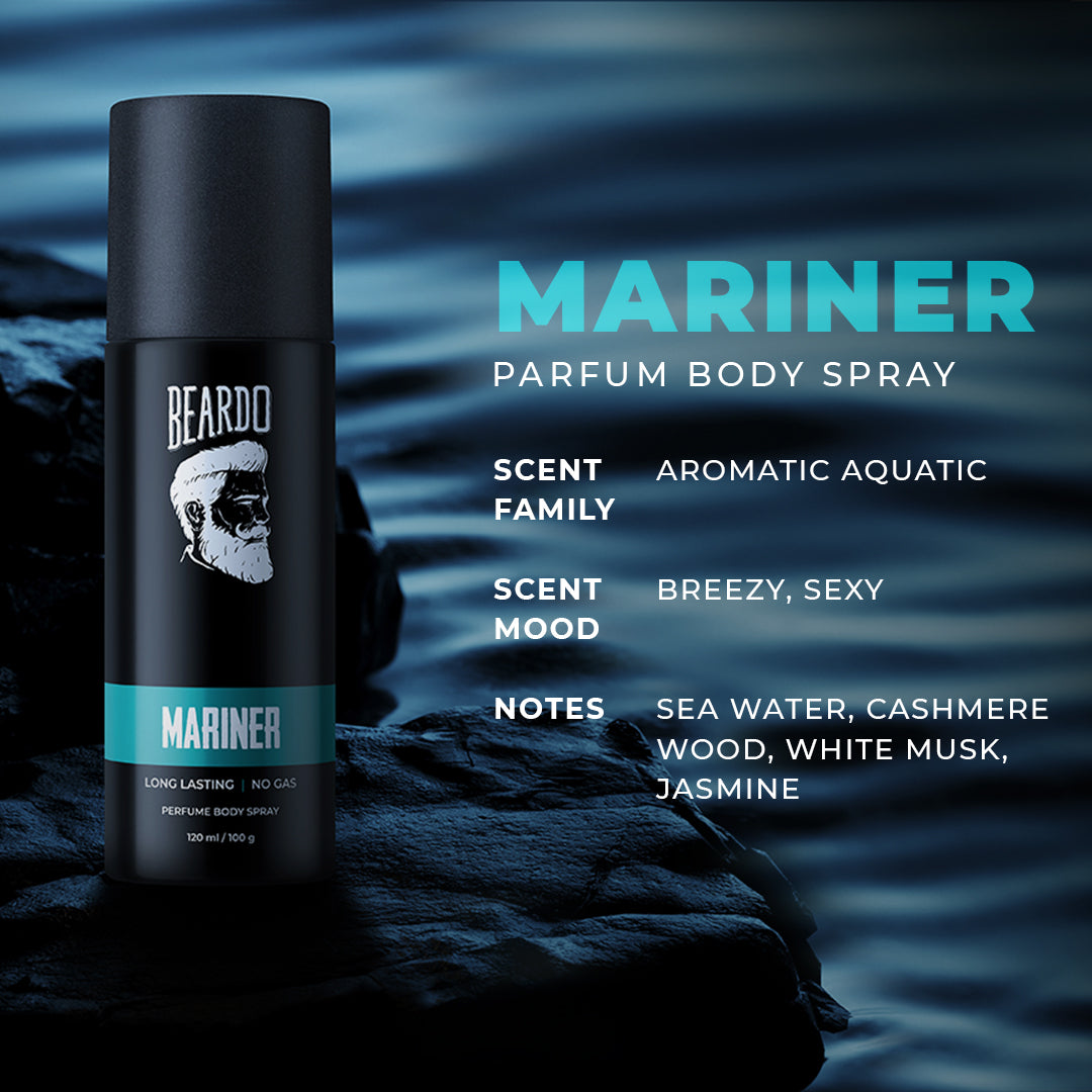 beardo mariner body spray, aromatic fragrance, aqua fragrance, white musk