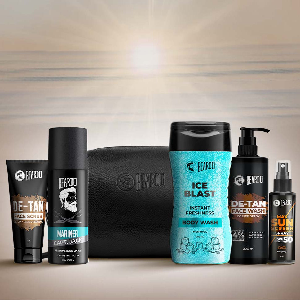 Men’s Summer Grooming Kit by Beardo – De Tan Face Scrub, Face Wash, Ice Blast Body Wash, Mariner Perfume and Sunscreen Spray