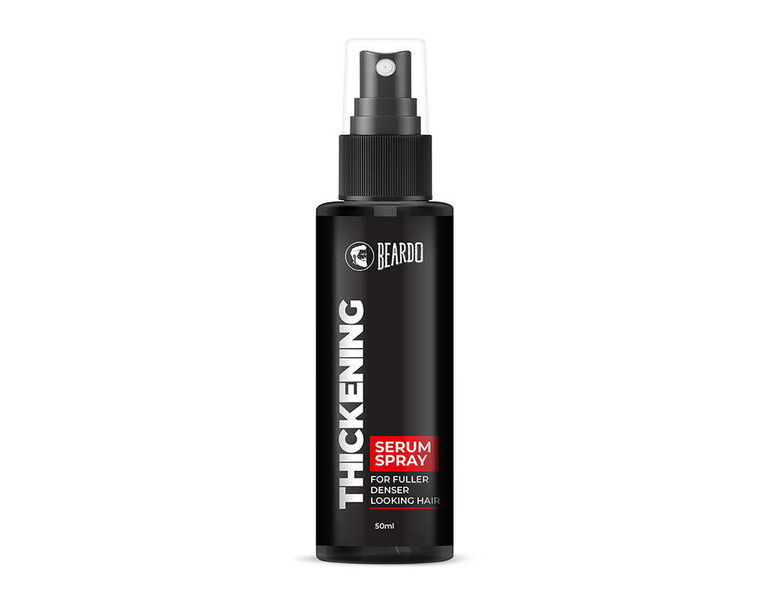 beardo serum spray, thickening serum spray, thick hair men, voluminous hair