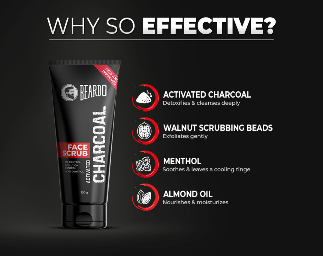 scrubbing beads, activated charcoal, menthol, almond oil