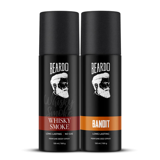 Beardo Iconic perfume body spray for combo, body spray combo, body spray for men, set of 2, Beardo bandit, beardo whisky smoke body spray, long lasting fragrance, no gas body spray