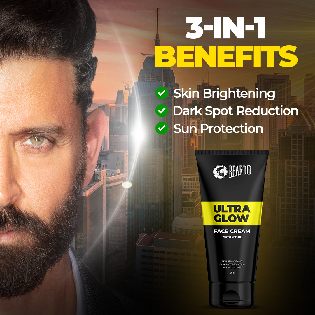 spf 30, dark spot reduction, sun protection,  best skin whitening cream for men, beardo ultraglow face cream